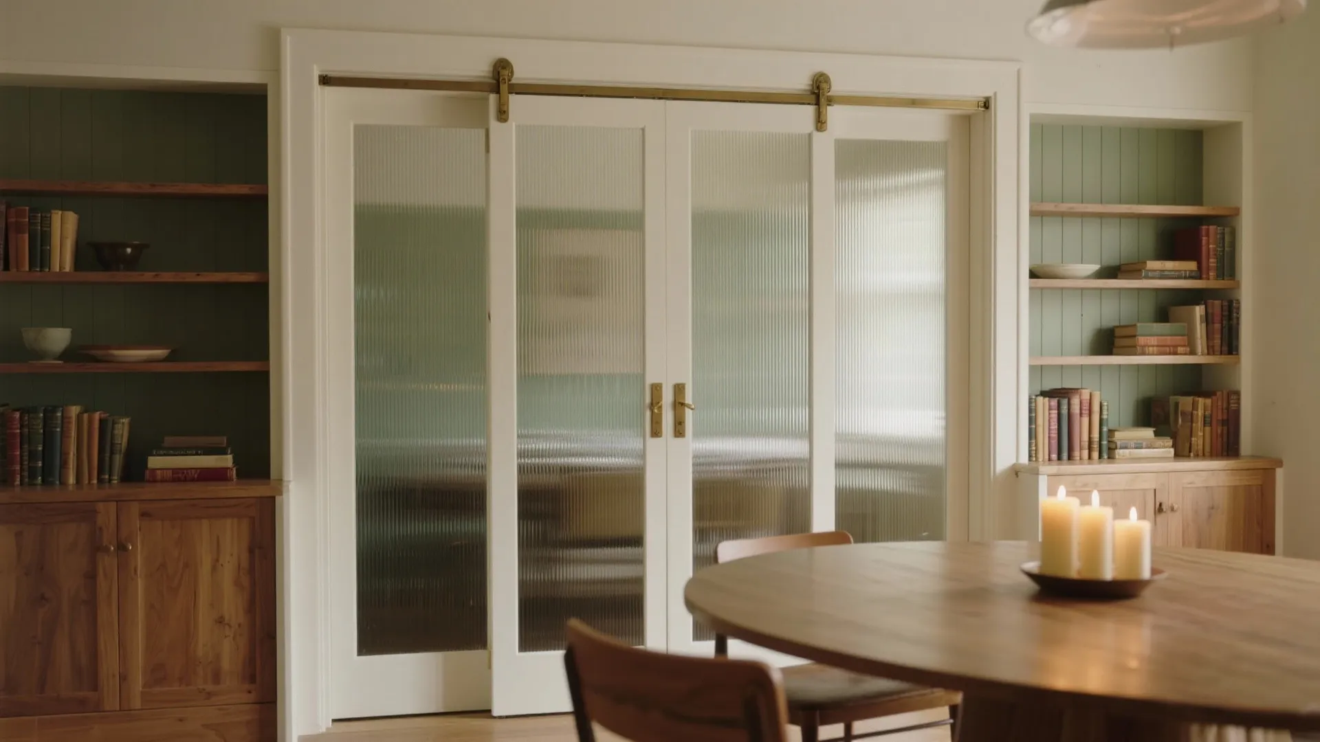 Dining room view with glass sliding doors wooden cabinets bookshelves and round table with lit candles