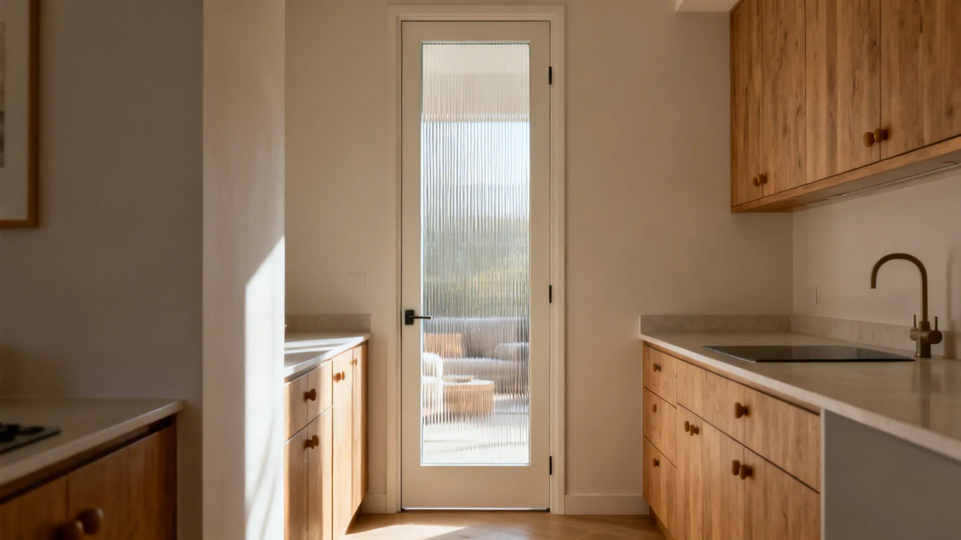 Vertical reeded frosted glass kitchen door adding height and warmth to a small space.