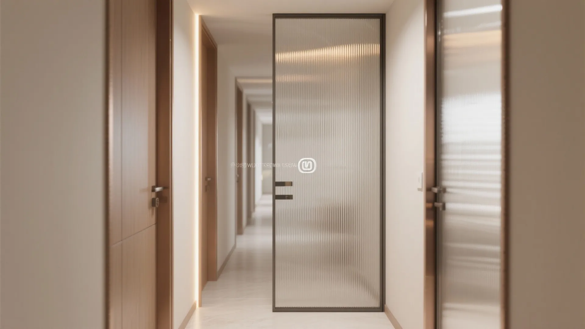 Modern hallway featuring a glass door with a black frame and a long wooden corridor