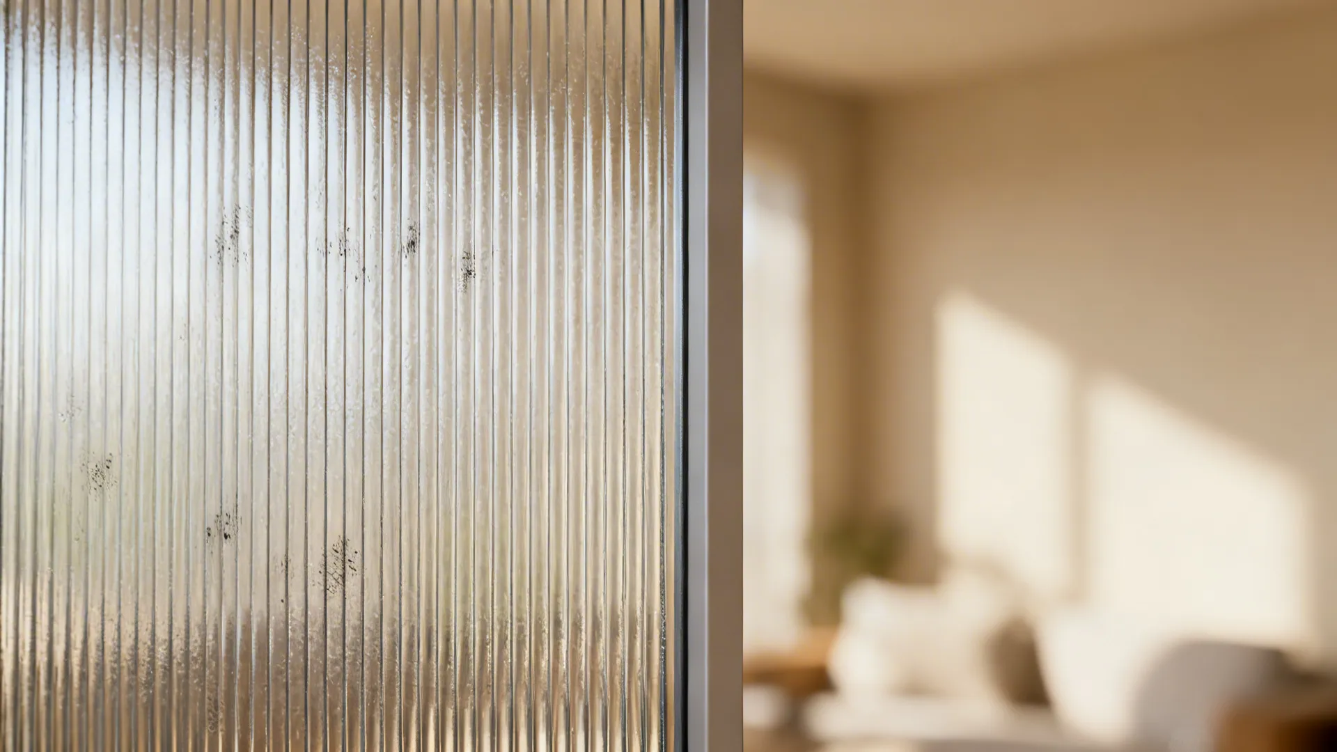 Macro detail of reeded and frosted glass on a sliding door diffusing soft daylight in a living room.