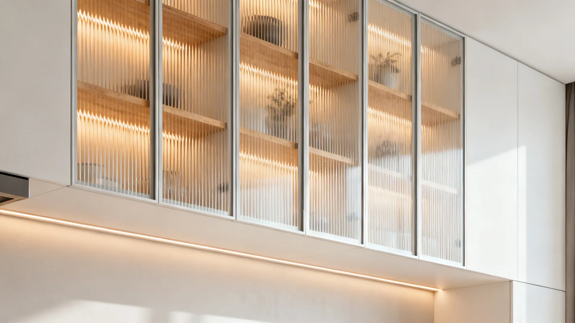 Studio kitchenette with vertical reeded frosted glass uppers glowing softly.