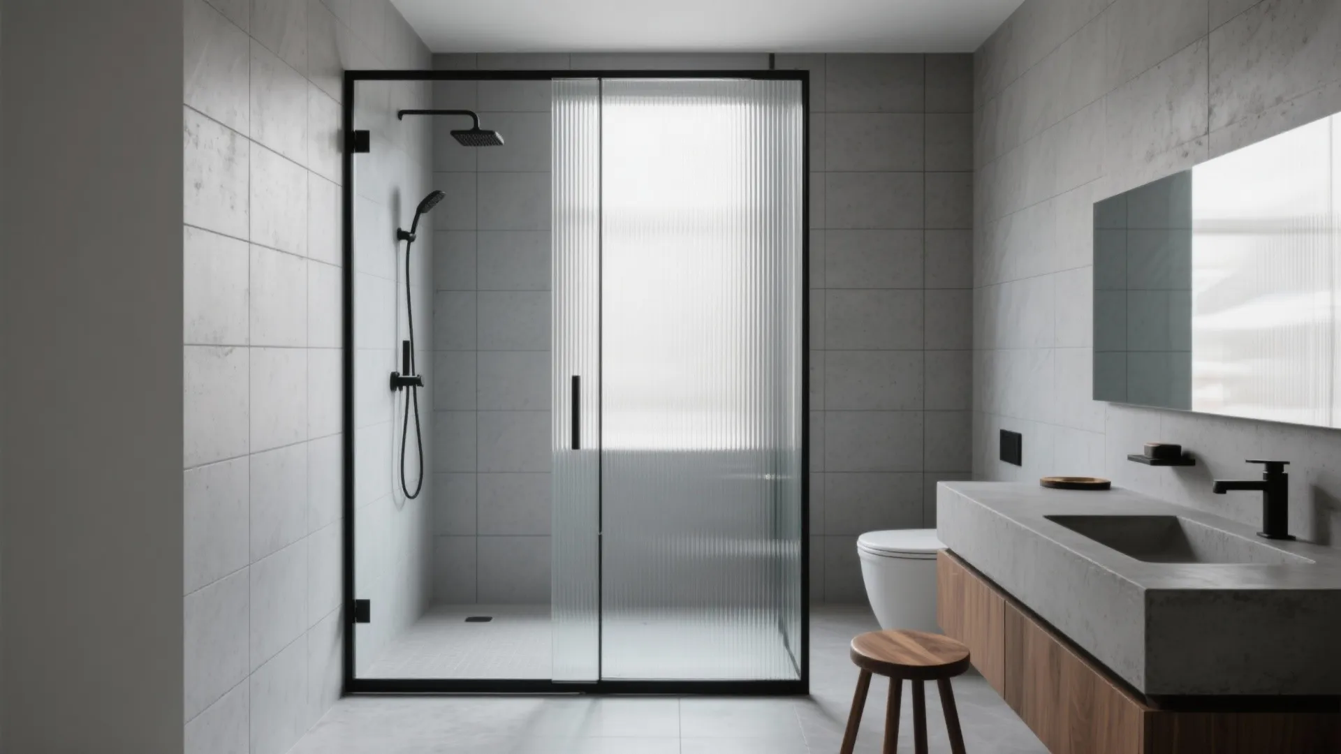 Minimalist bathroom with glass shower door grey tile walls wooden cabinet and round wooden sitting stool