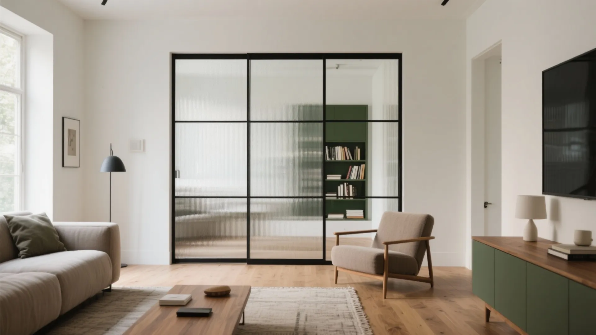 Minimalist living room showing glass sliding door with black frame armchair sofa and green cabinet