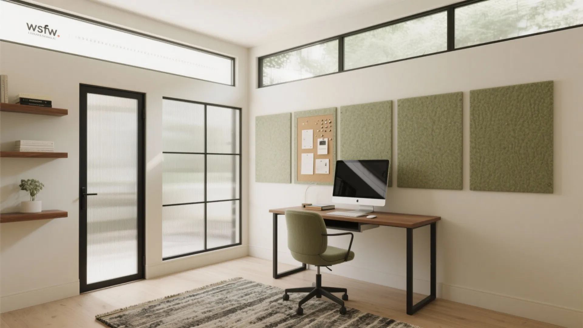 Modern home office featuring wooden desk green chair glass door and four green wall panels