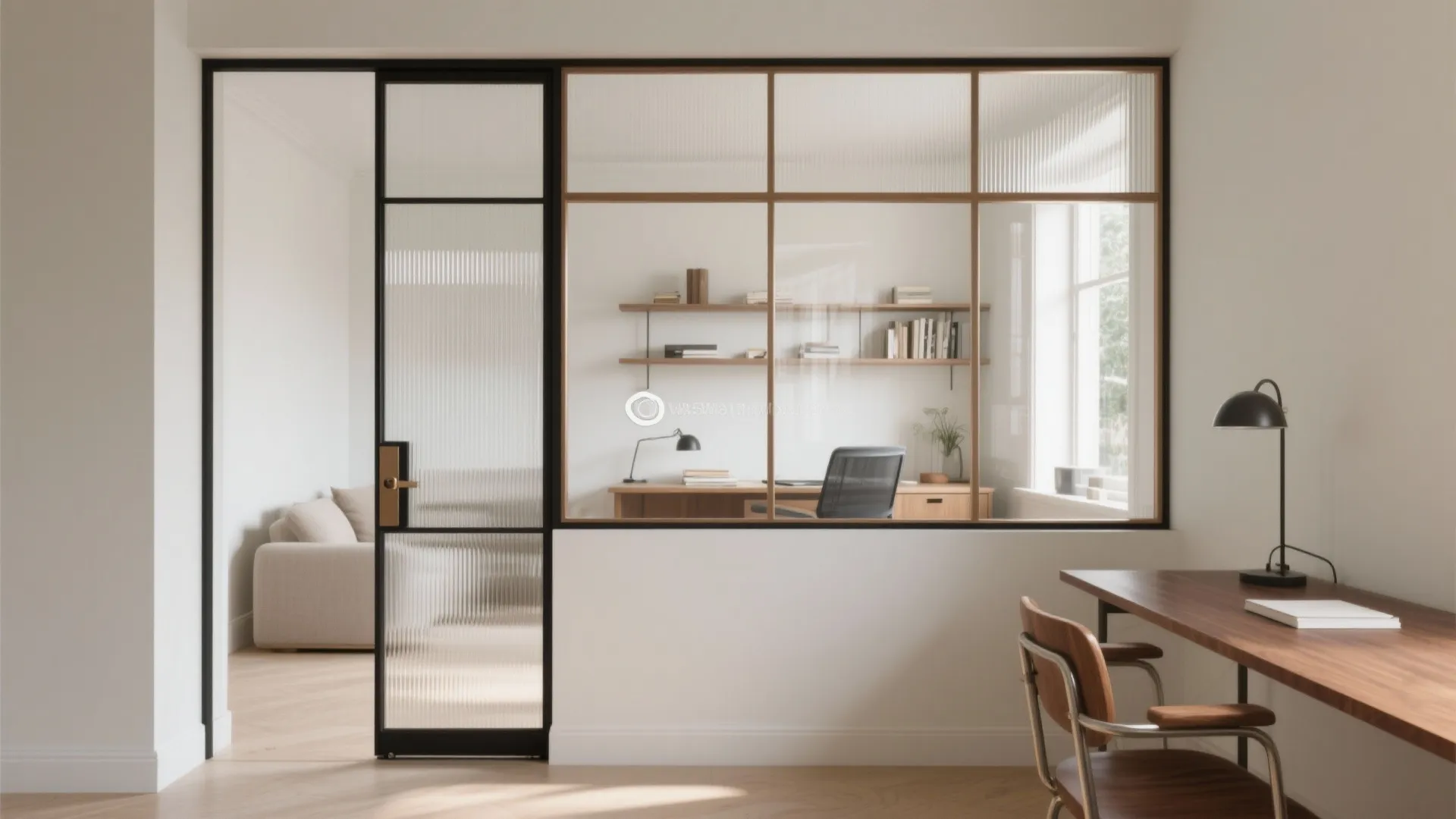 Glass partition for borrowed light and a lighter mood