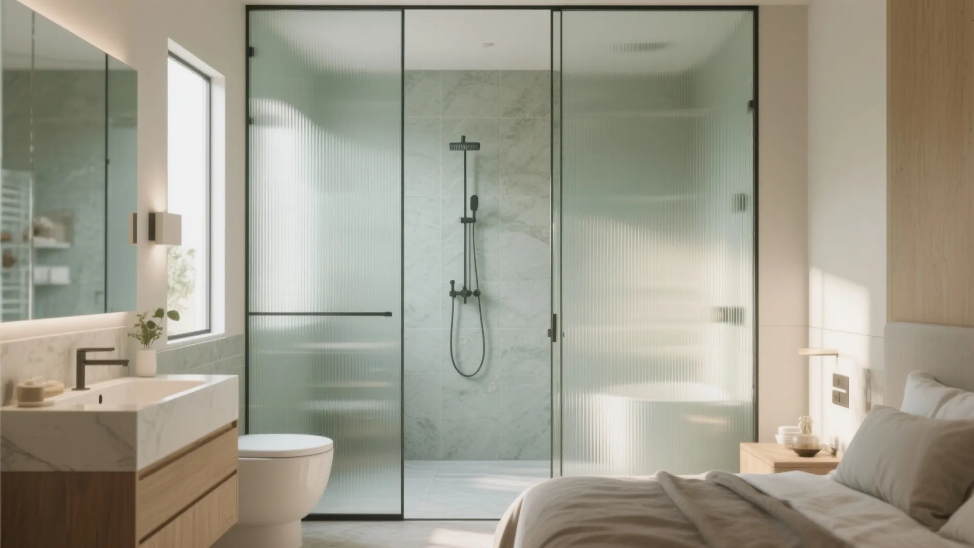 Frameless glass partition with layered privacy