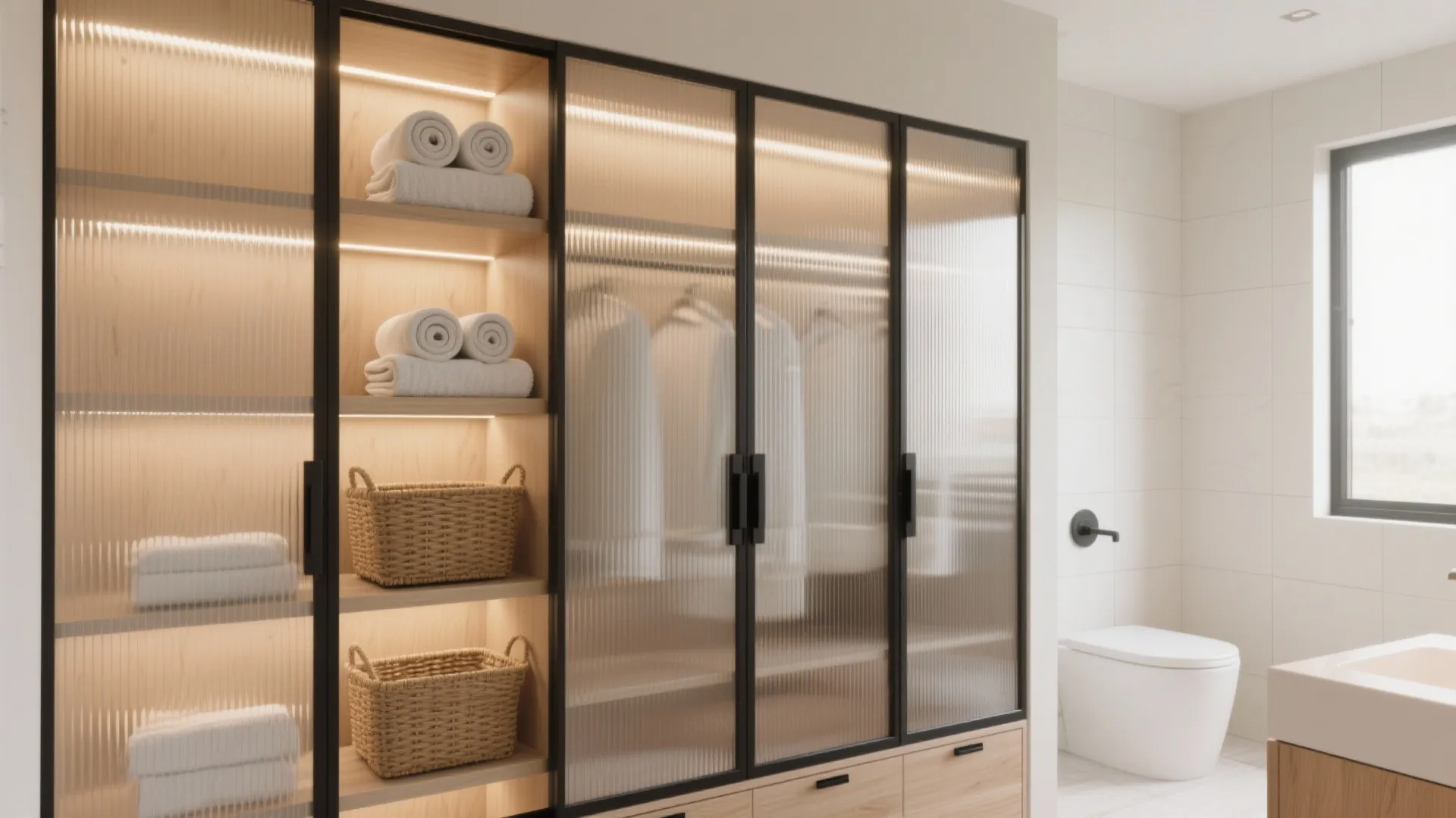 Glass-front Wardrobe Doors for a Brighter Bath