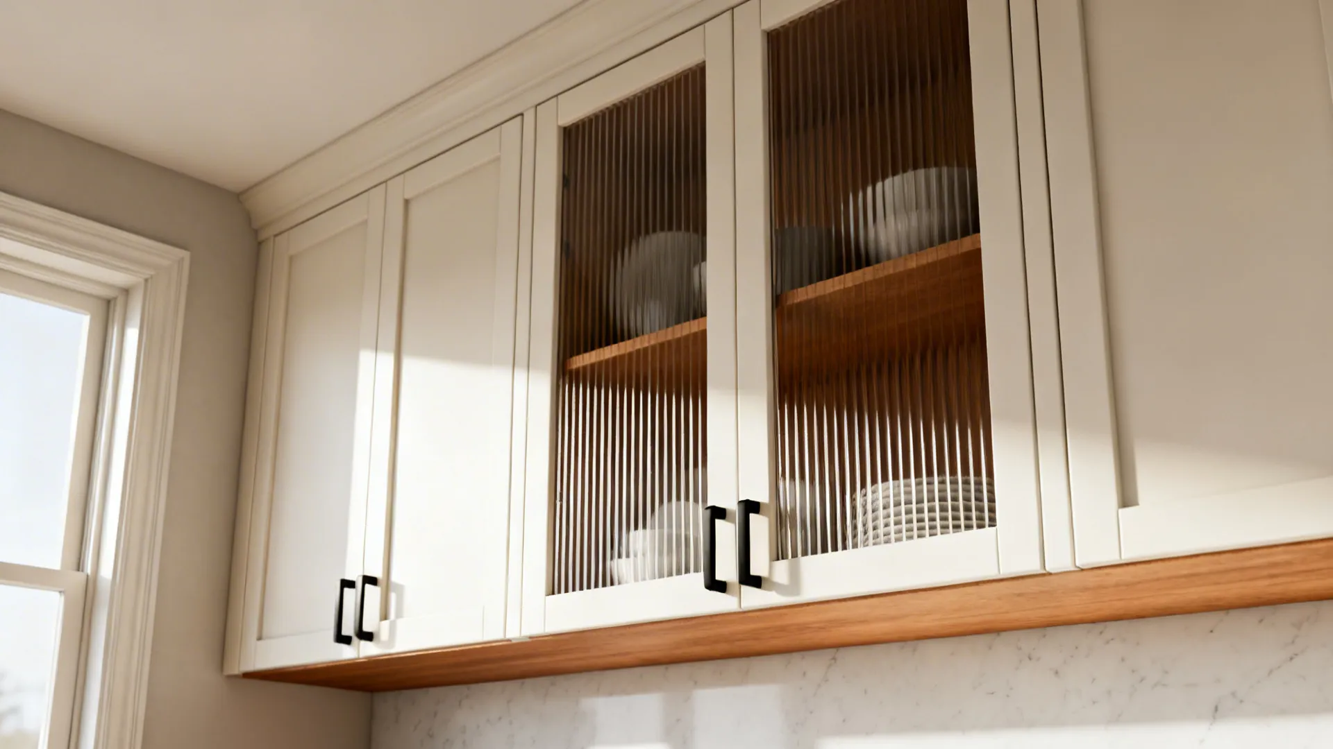 Upper cabinets with vertical reeded glass softly obscuring dishes in a bright kitchen.