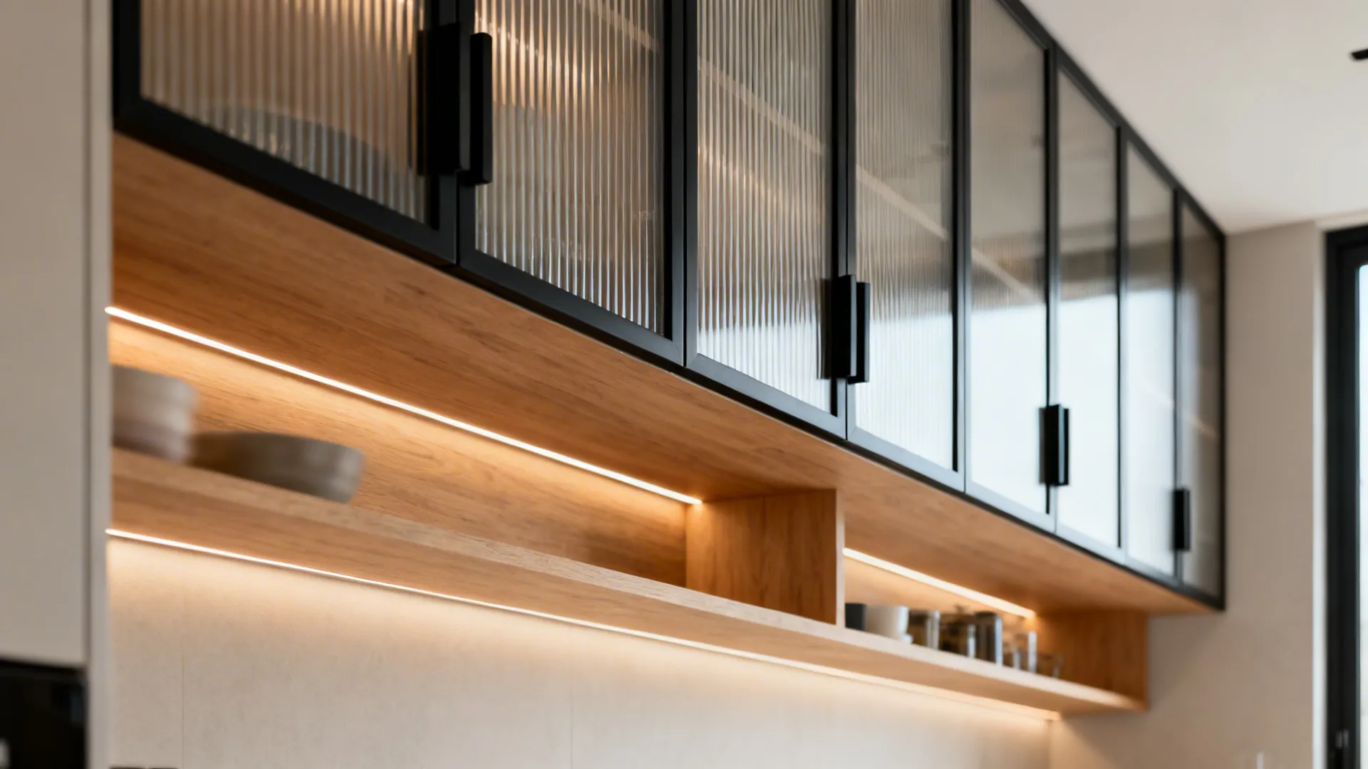 Upper cabinets with vertical reeded glass doors softly blur contents under warm LED lighting.