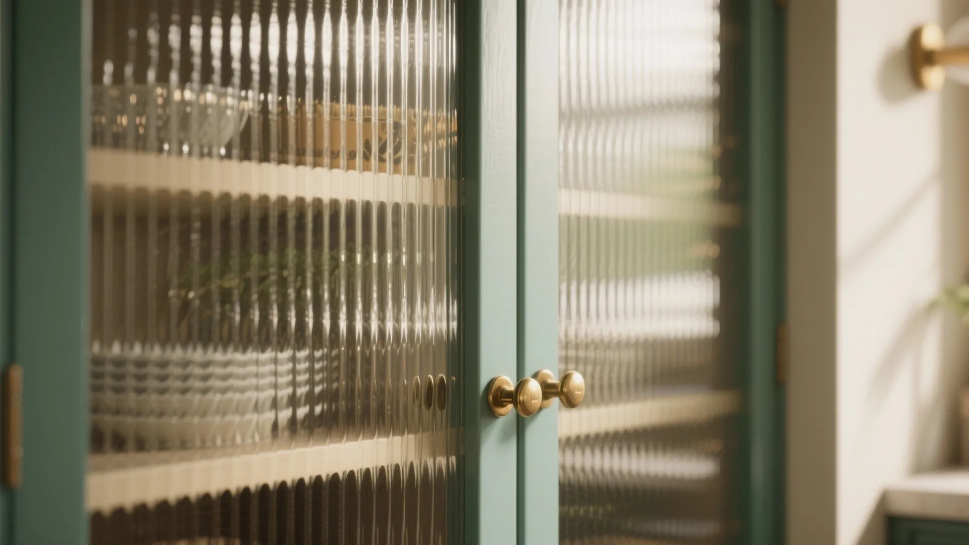 Close up view of green cabinet with textured glass doors and gold metal door handles