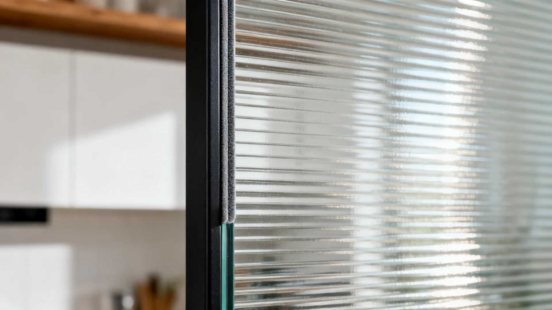 Macro of reeded tempered glass set in a slim black steel kitchen partition with acoustic seal.