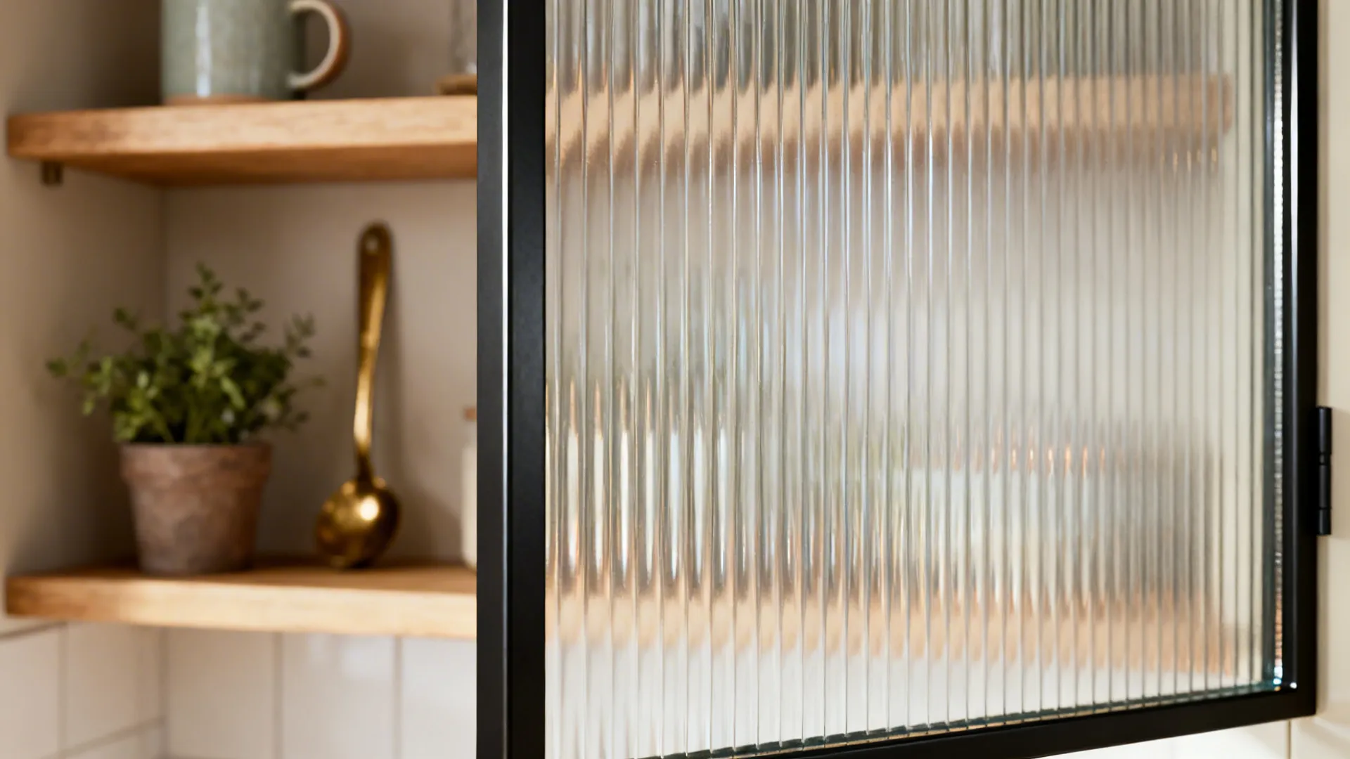 Macro view of reeded glass in a slim black framed cabinet door diffusing light.