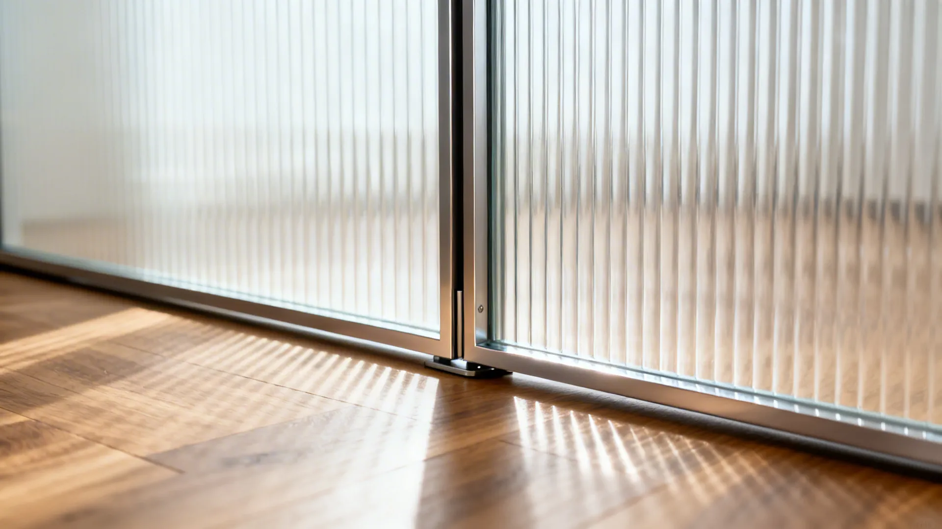 Close-up of vertical reeded glass and a minimal floor pivot set into oak flooring.
