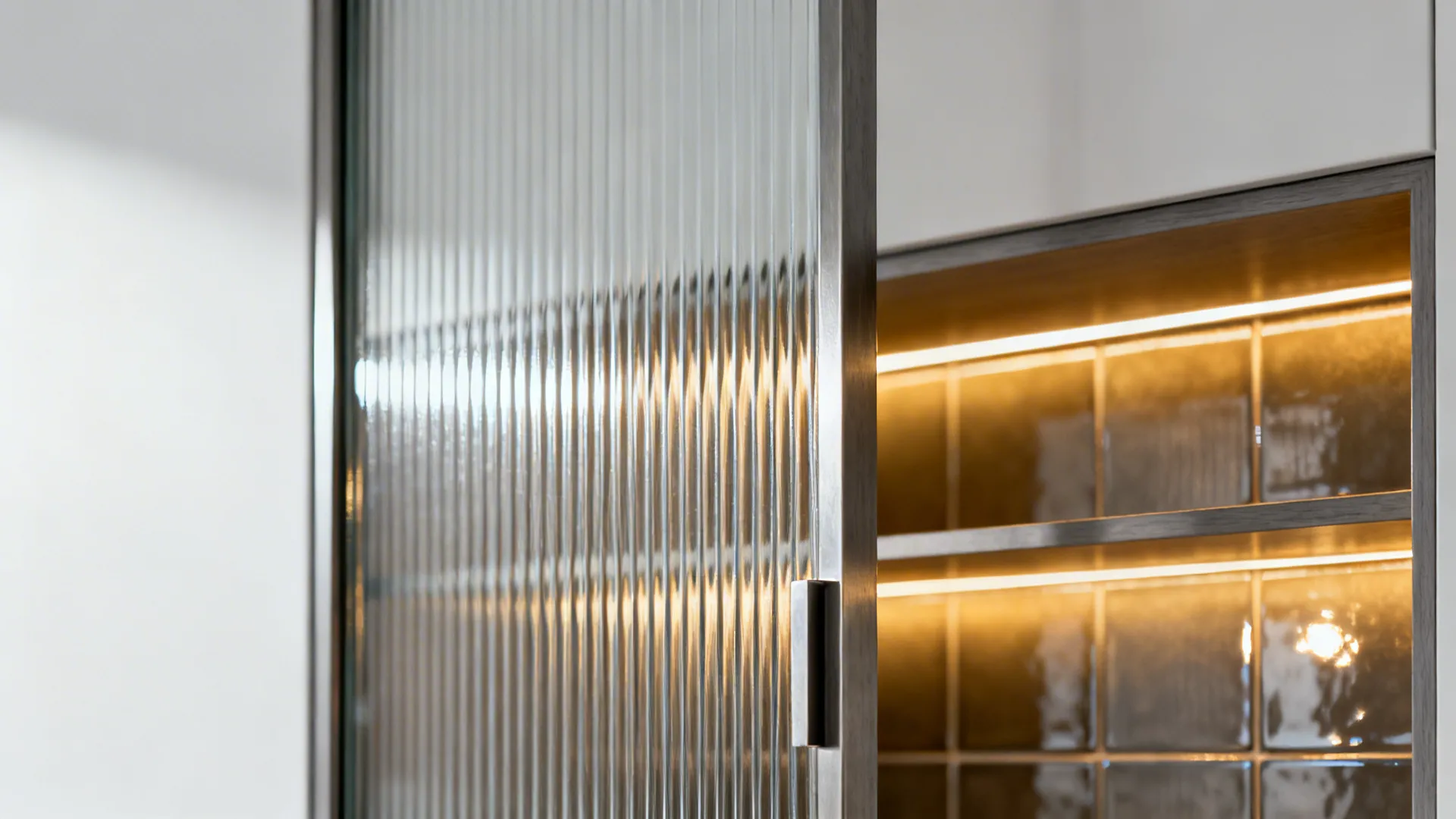 Close-up of reeded glass cabinet door and glossy backsplash reflecting light.