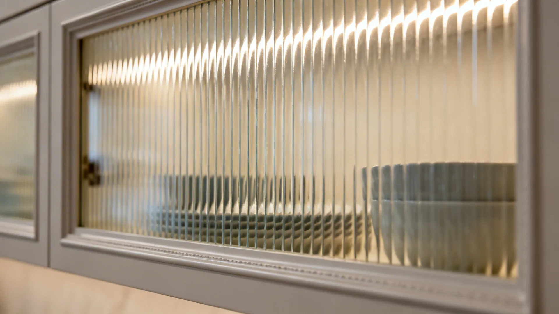 Close-up of reeded glass cabinet door with soft LED light highlighting the texture.