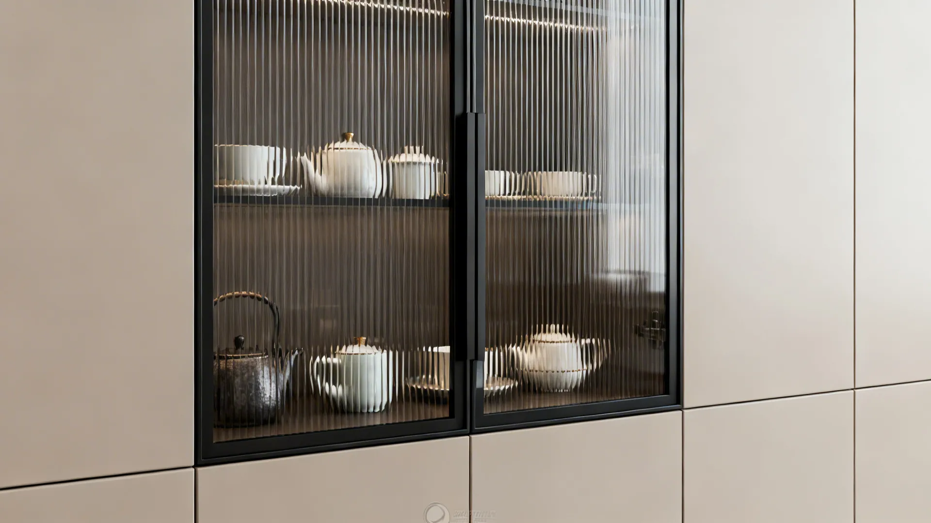 Close-up of a reeded glass cabinet with a slim frame and a tea set inside.