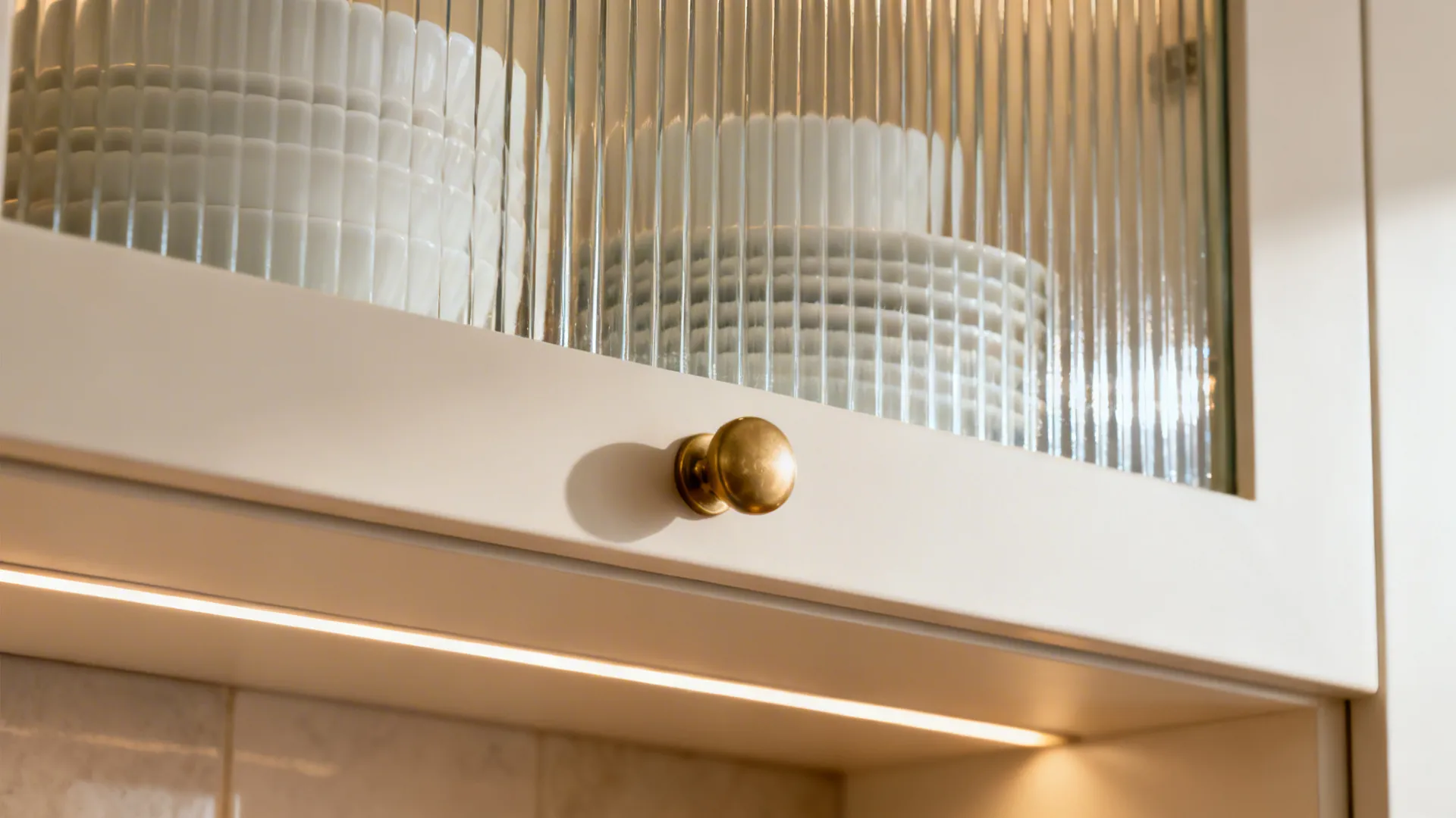 Macro of reeded glass cabinet door with a satin brass knob and softly lit dishes.