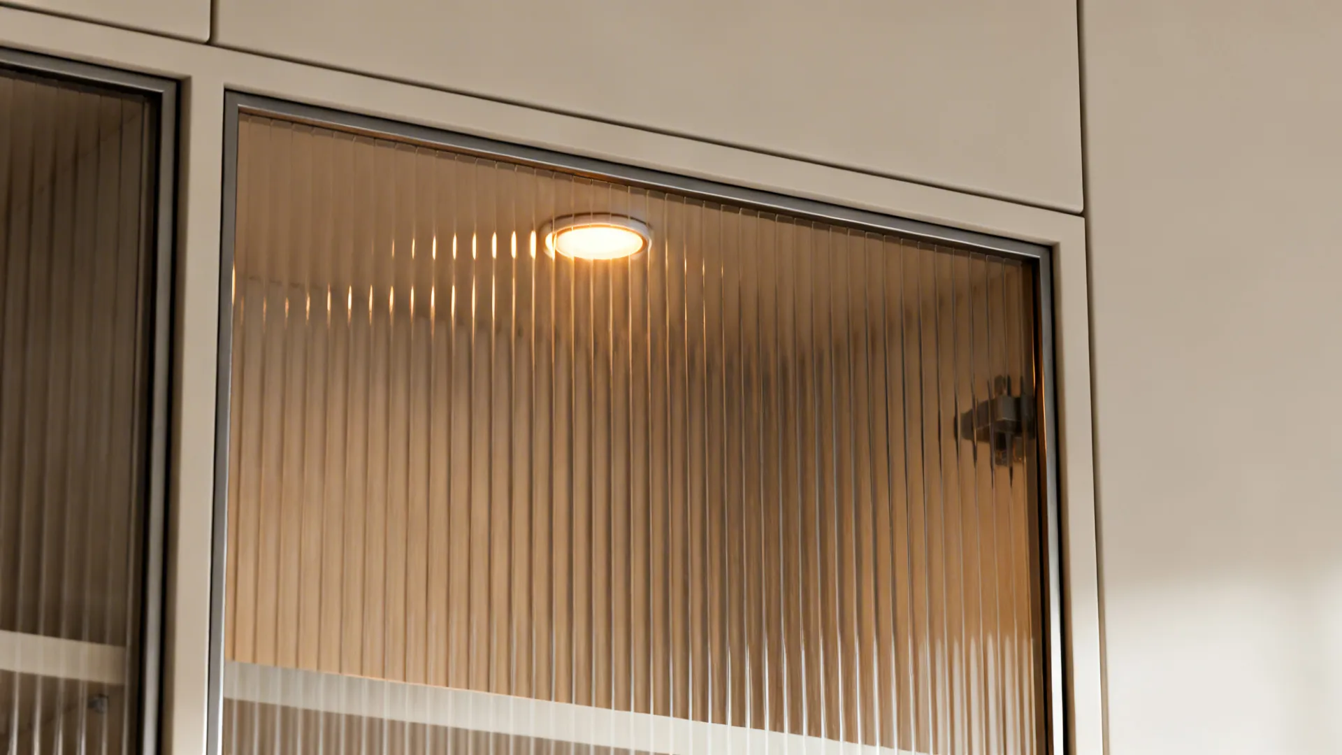Close-up of reeded glass with a warm LED puck light in a top cabinet.