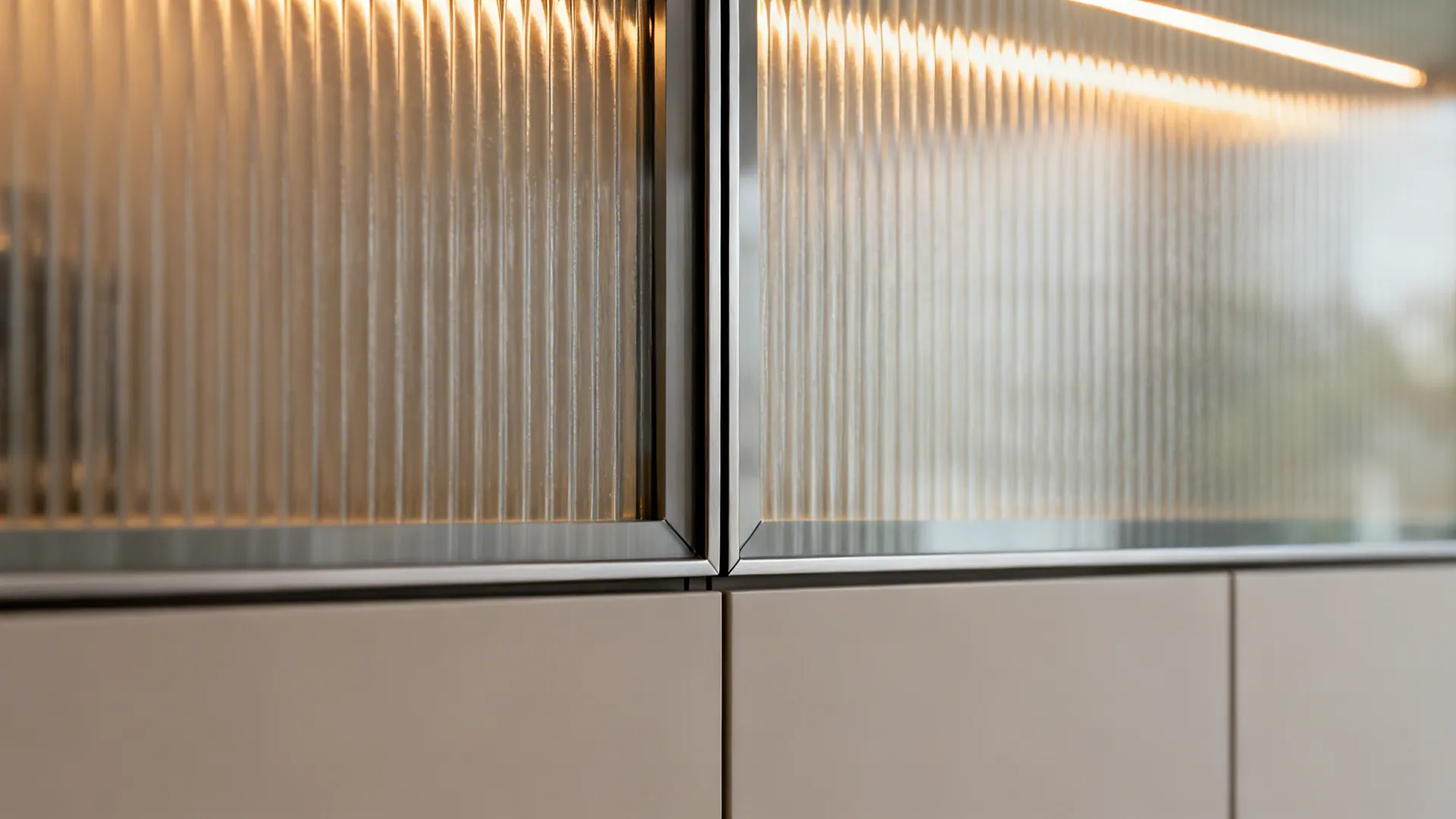 Macro of slim metal-framed reeded glass upper door with warm LED glow.