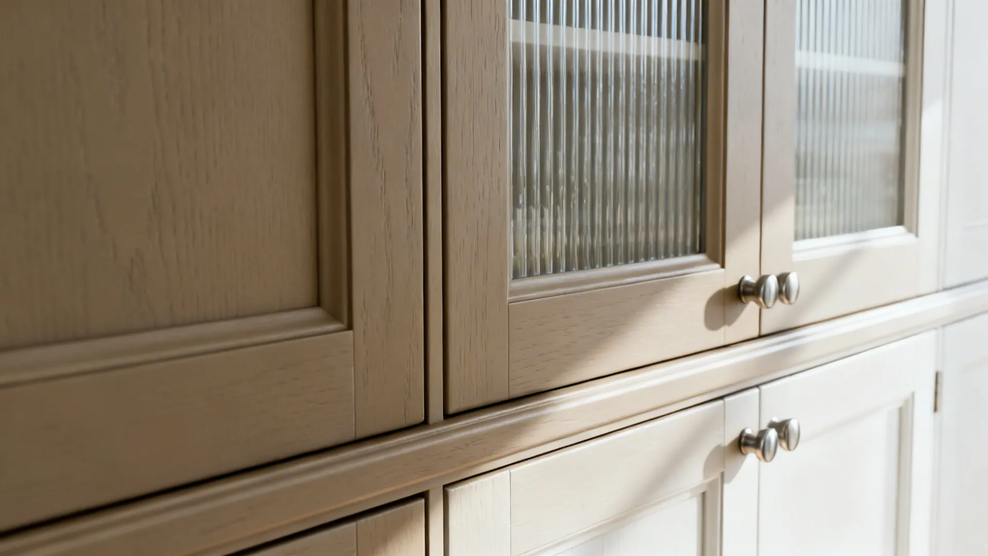Macro of reeded-glass meeting a matte painted cabinet stile with a brushed nickel pull.