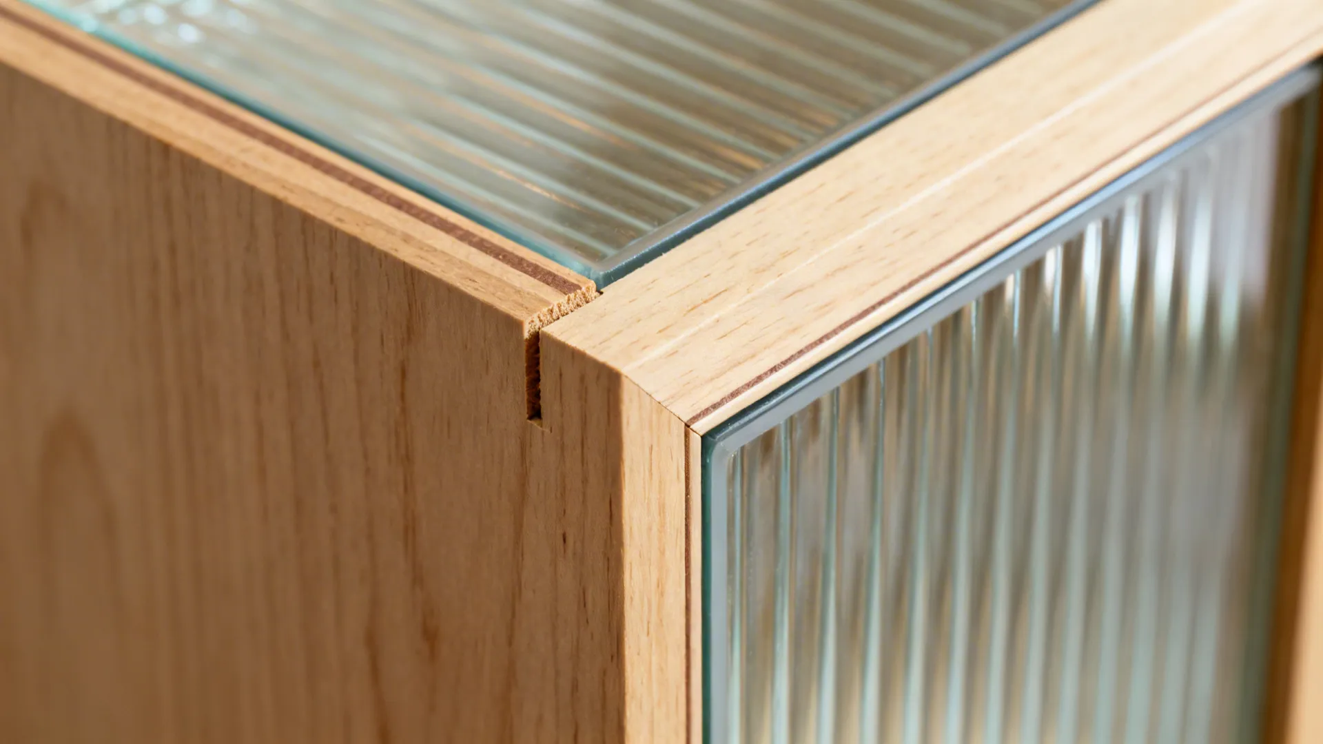 Macro of a biscuit-joined birch plywood frame with reeded glass in a gasketed channel.