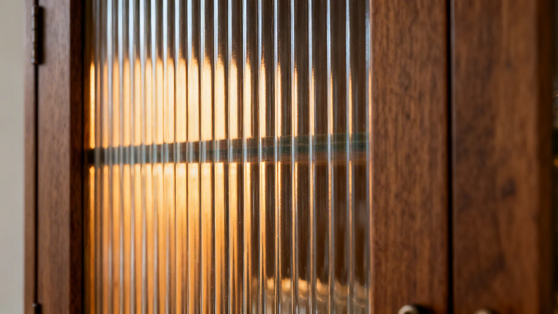 Macro of vertical reeded cabinet glass with warm light grazing the texture.