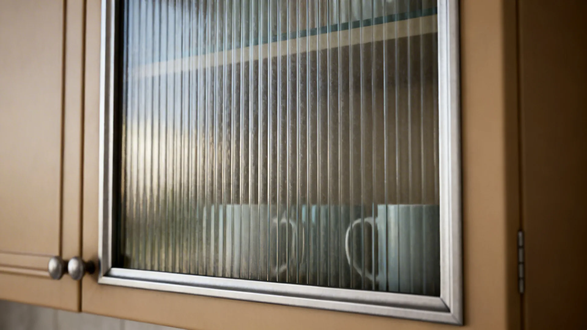 Close-up of reeded tempered glass in a slim aluminum cabinet frame