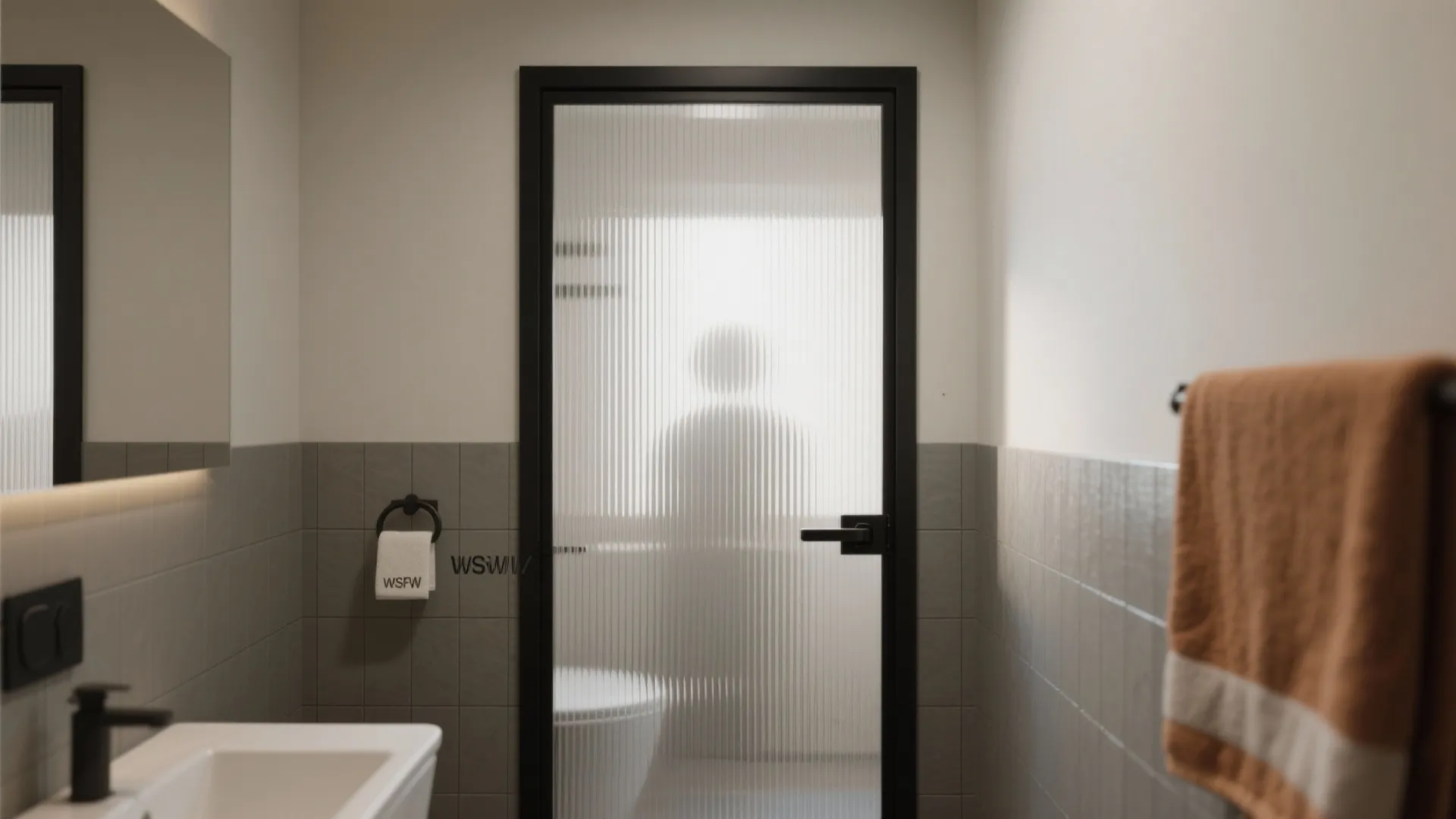 Slim black metal framed bathroom door with reeded glass providing light and privacy.