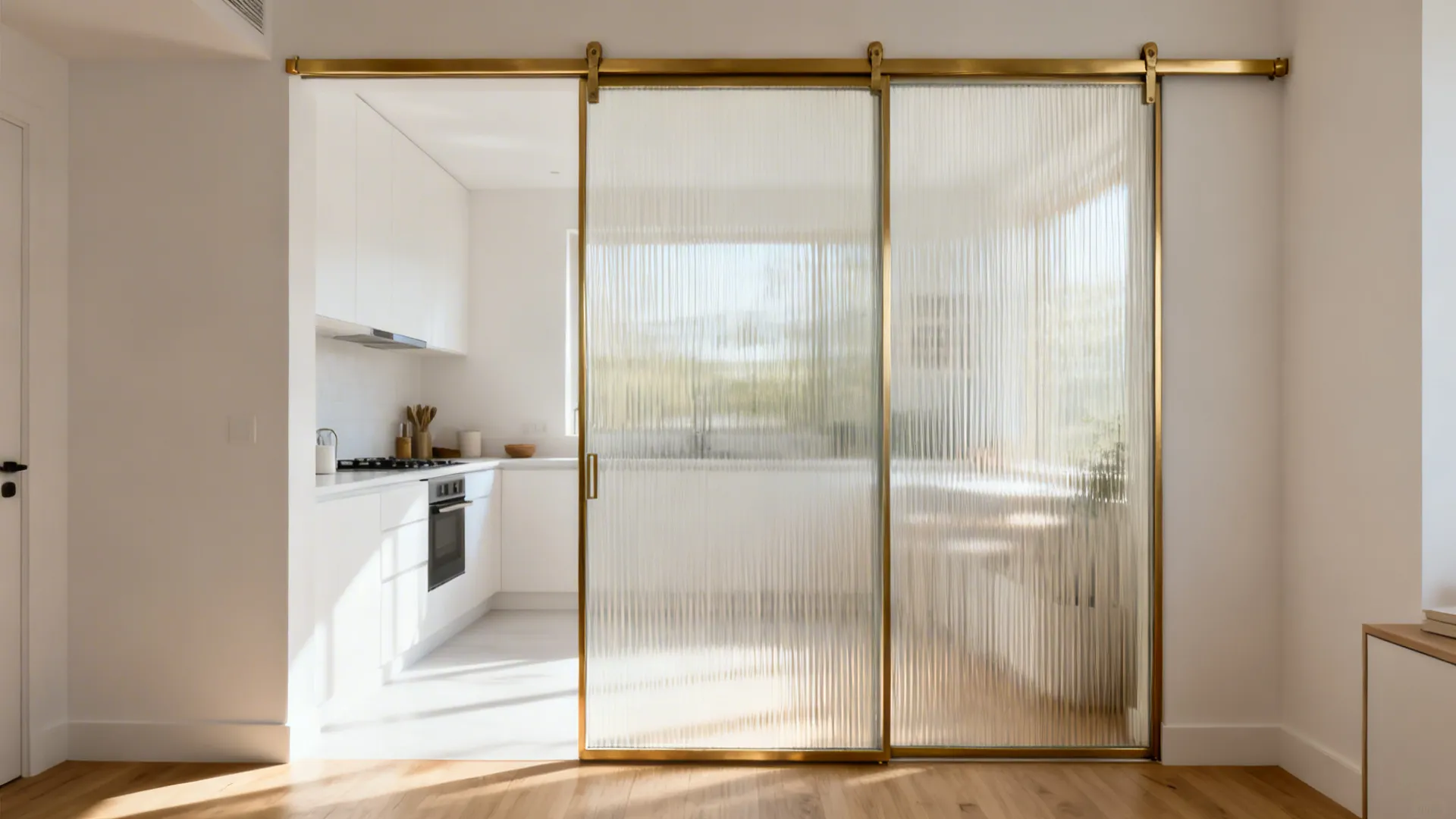 Reeded-glass sliding door on a brass rail provides glow and semi-privacy in a studio kitchen.