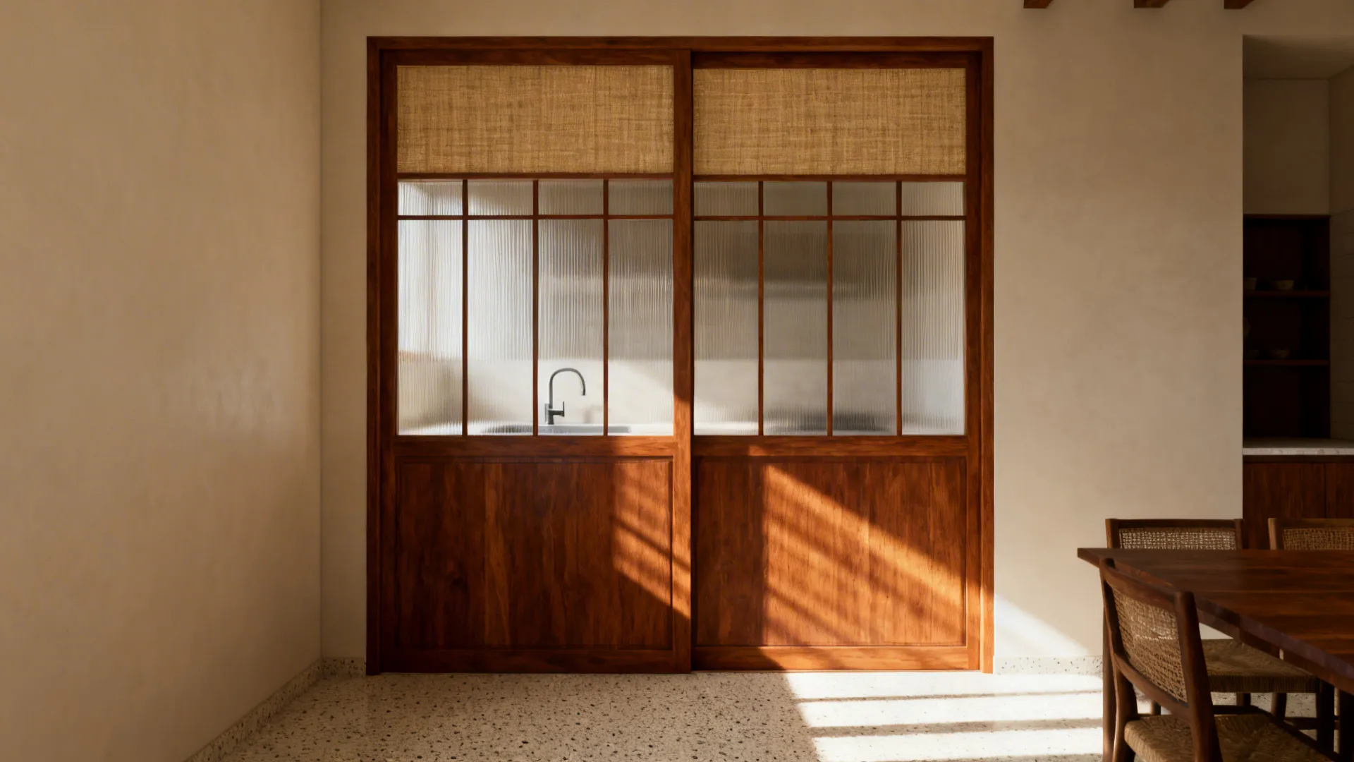 Wood-framed kitchen door with reeded glass brightening a Kerala dining nook.