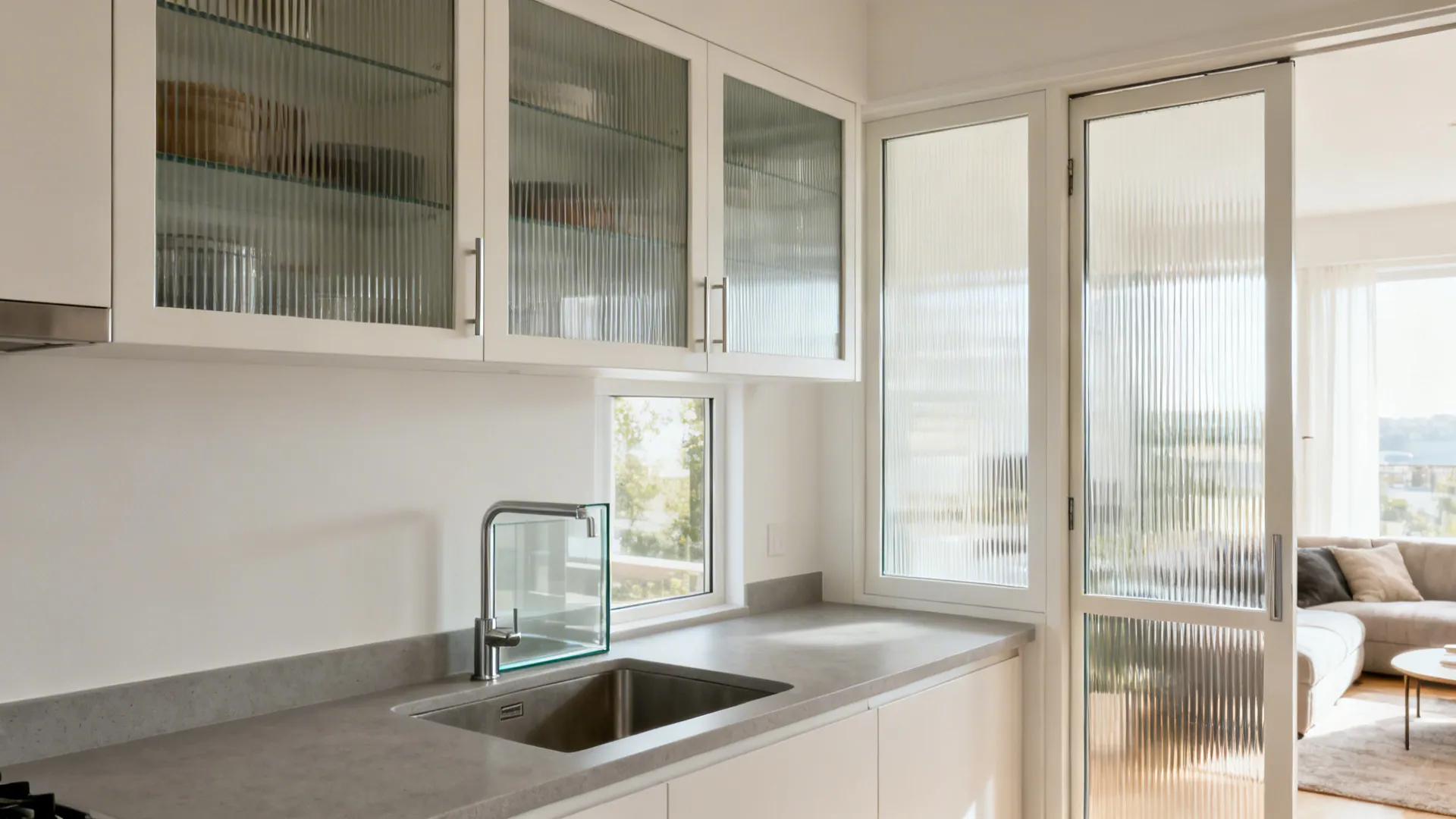 Small kitchen with reeded and clear glass-panel doors that brighten the space with soft daylight.
