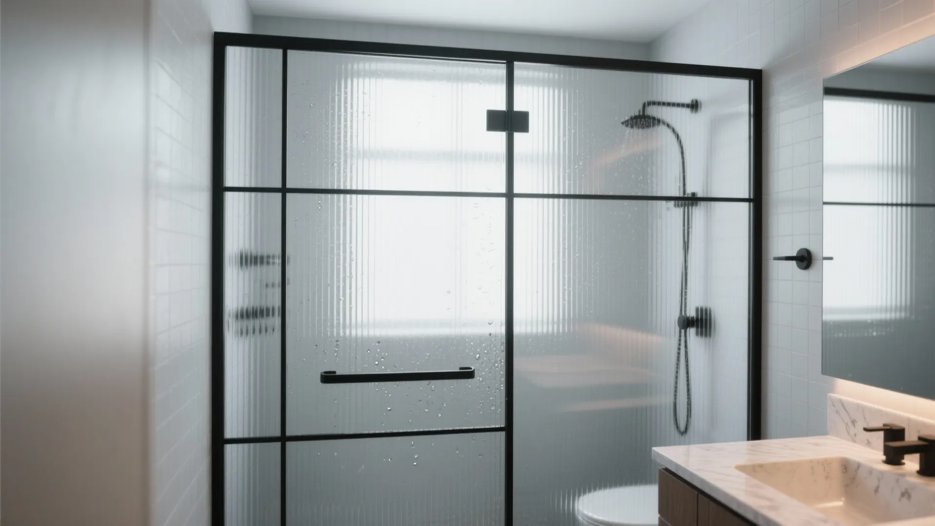 Modern bathroom with black frame glass shower door next to a marble sink and faucet
