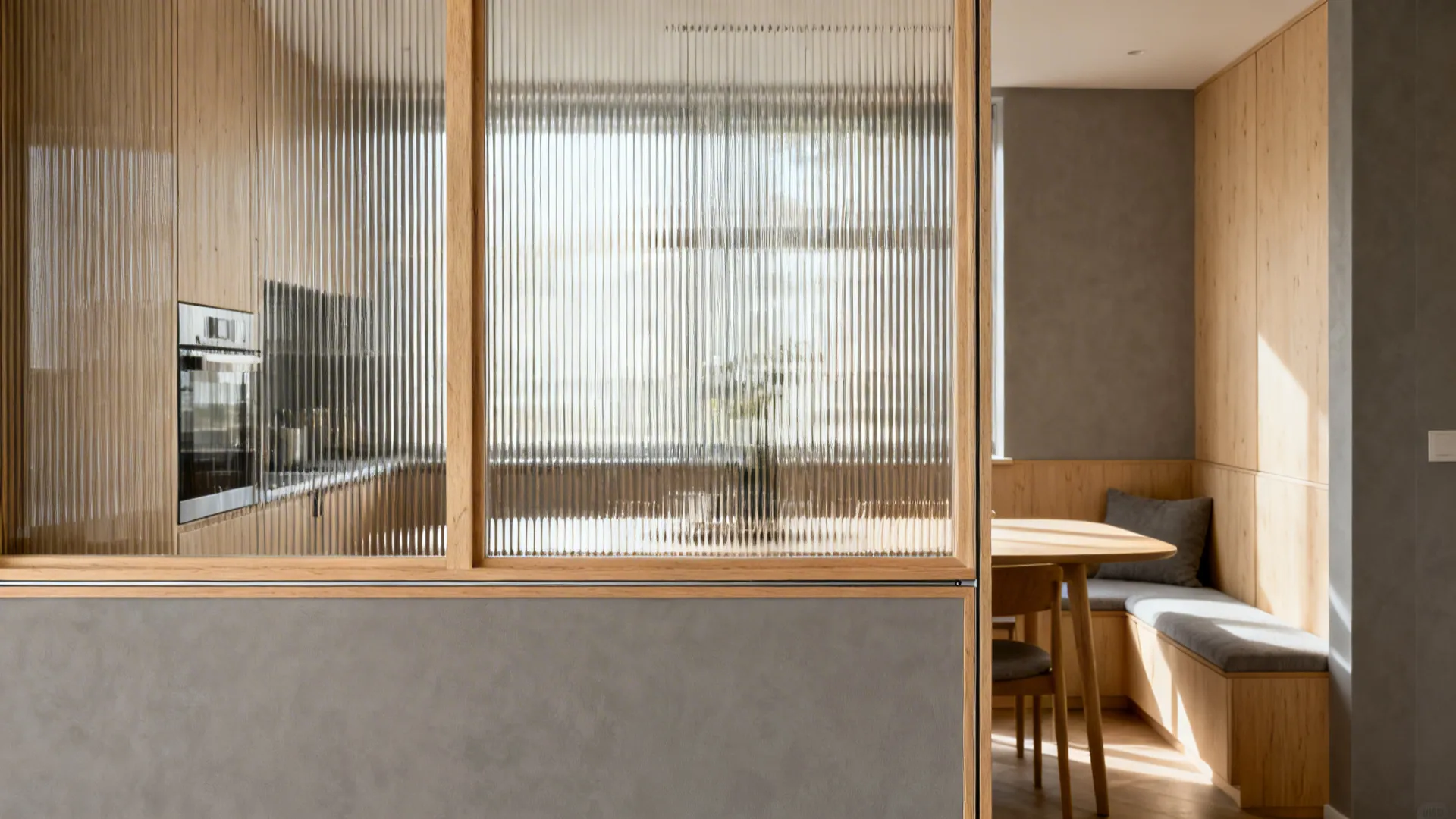 Slim birch plywood frame with reeded glass softly separates a small kitchen and dining area.