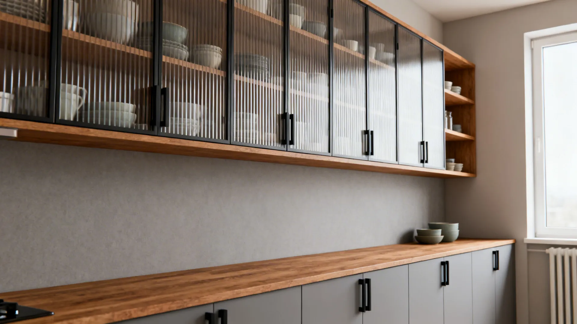 Galley kitchen with vertical reeded glass cabinet doors that softly blur contents.