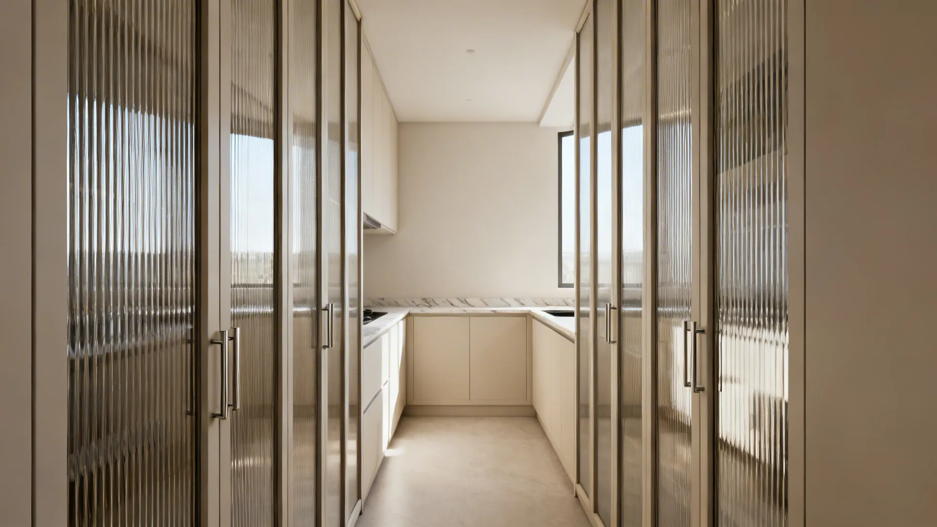 Galley kitchen with vertical reeded glass cabinet fronts and slim hardware.