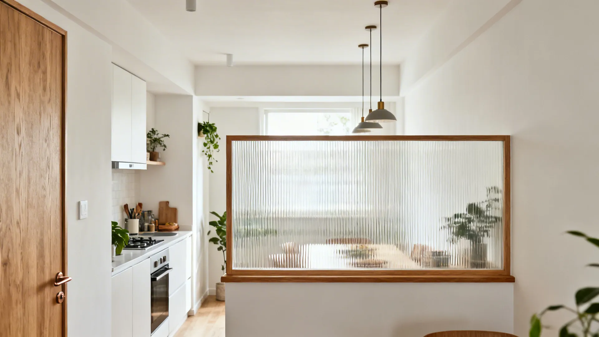 Half-height wall with reeded glass for soft separation