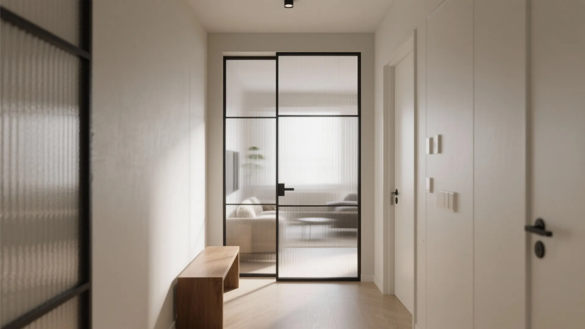Modern hallway with wooden bench and black frame glass door leading to a bright living room