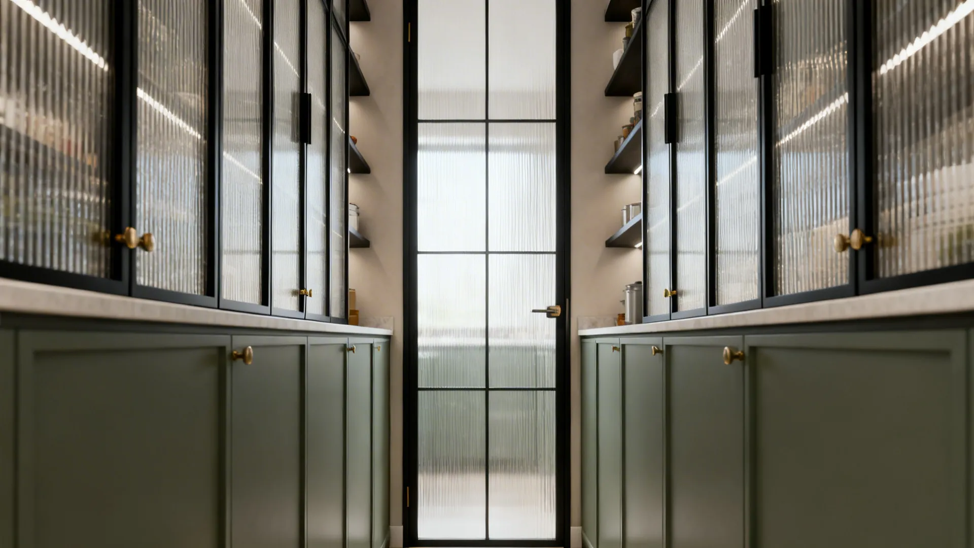 Narrow kitchen with reeded glass cabinet doors and a slim framed glazed entrance door.