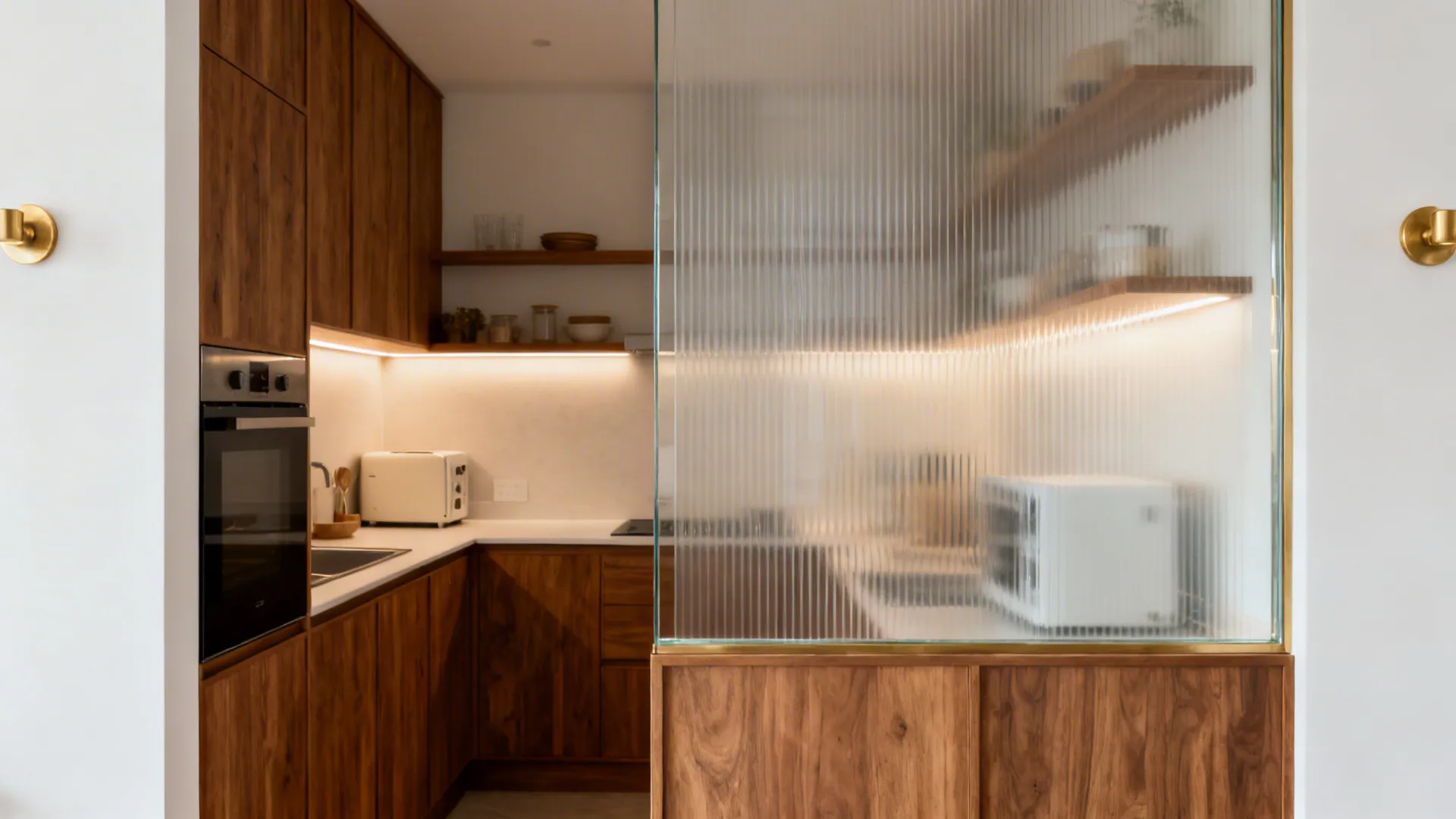 Reeded glass kitchen partition softly blurring the workspace with warm wood cabinets.