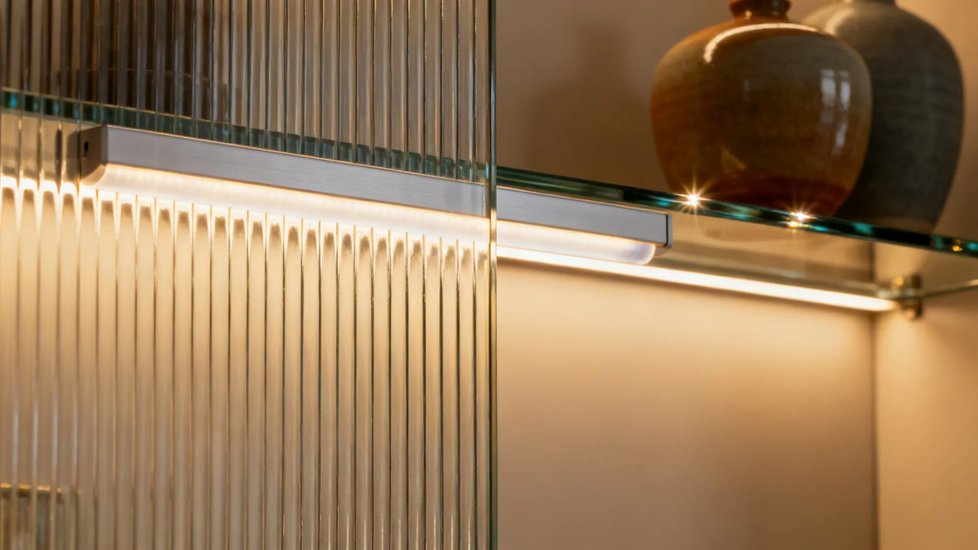 Close-up of ribbed glass cabinet with warm LED channel and glowing glass shelf edge.