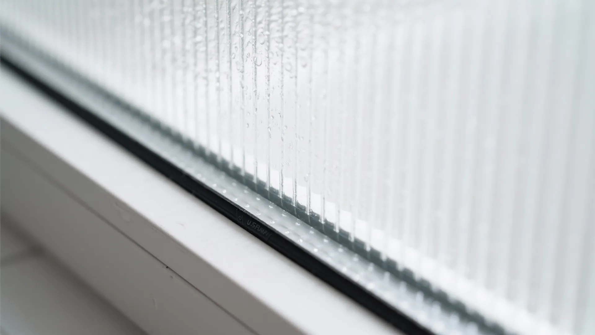 Close up of a white window frame with textured glass panels showing tiny water drops