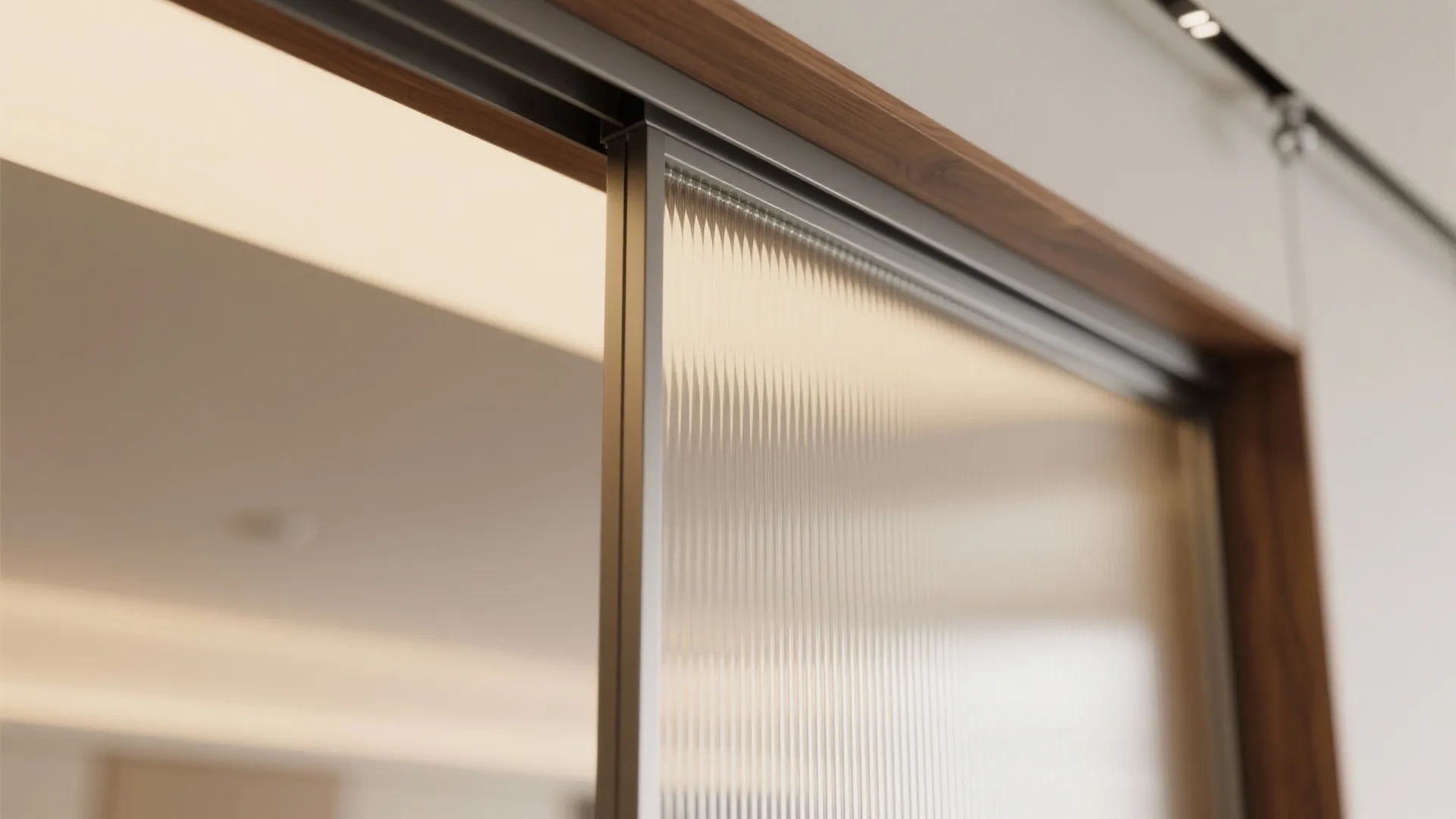 Sliding glass door with metal frame and wood trim detail for modern interior room design