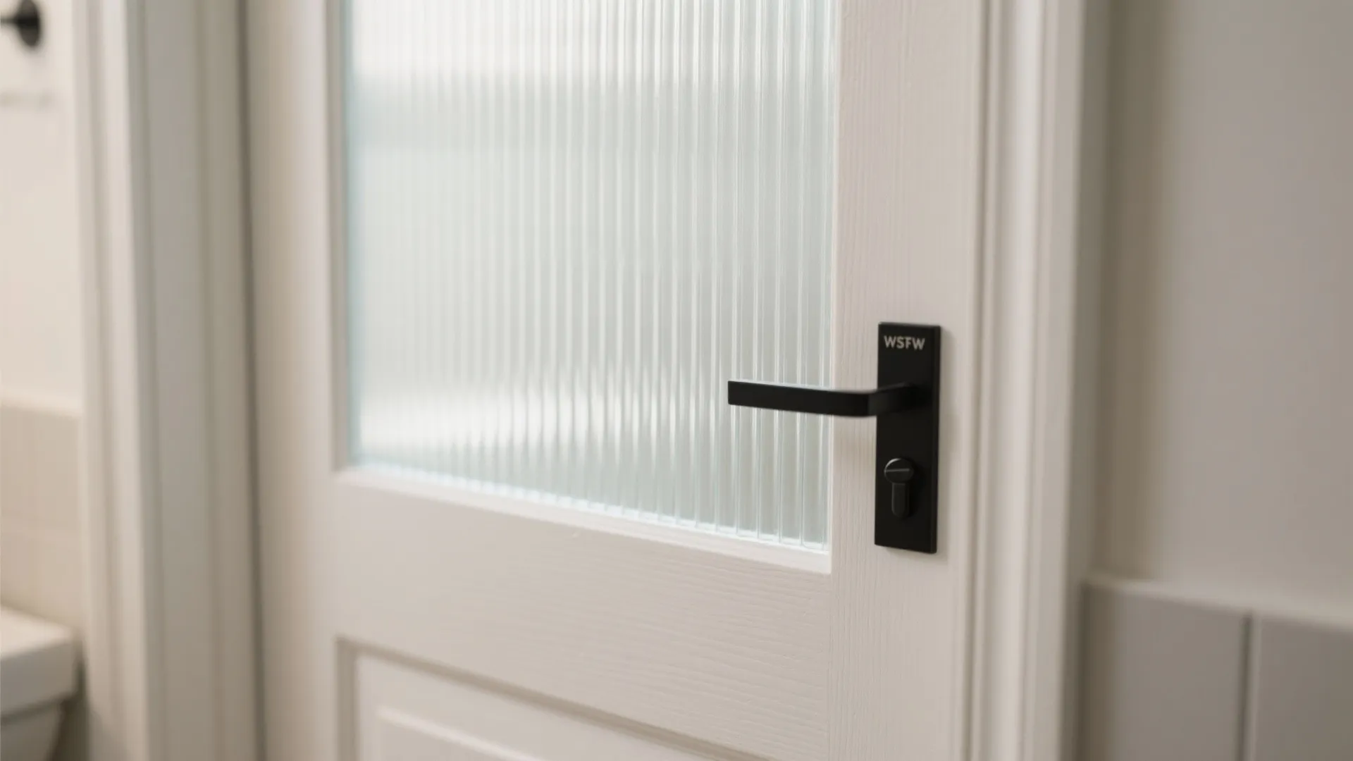 Close up view of a white door with textured glass panel and black metal handle
