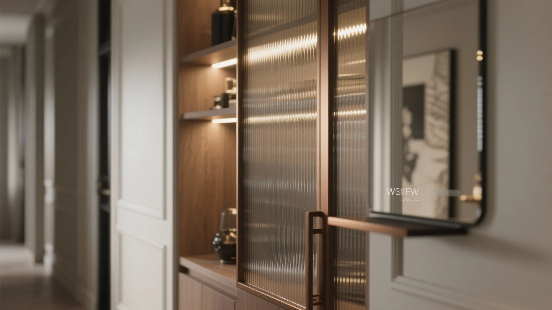 3) Glass fronts and mirrored panels for visual depth