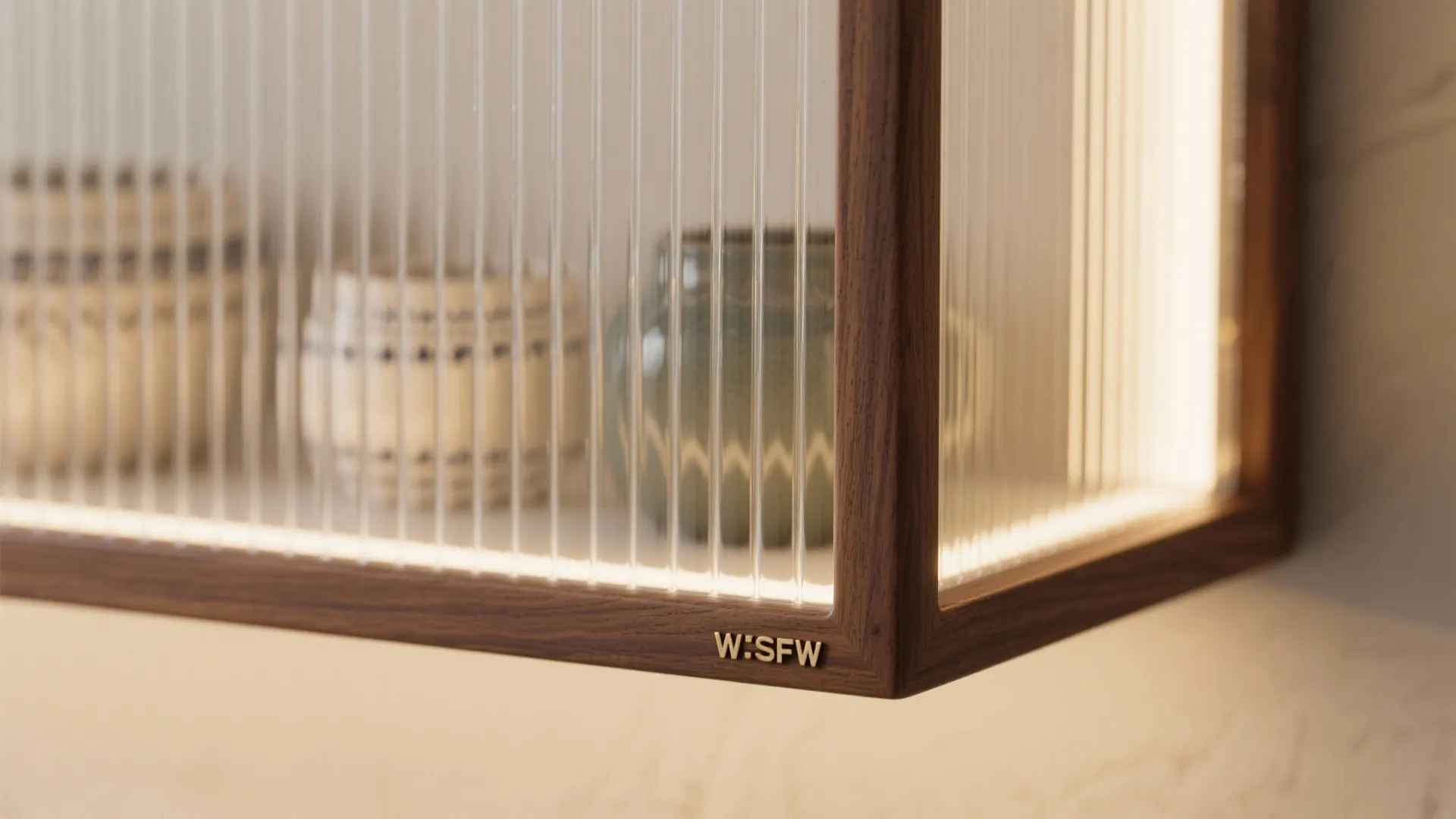 Close up of a wood cabinet with textured glass doors and warm interior light fixture glowing