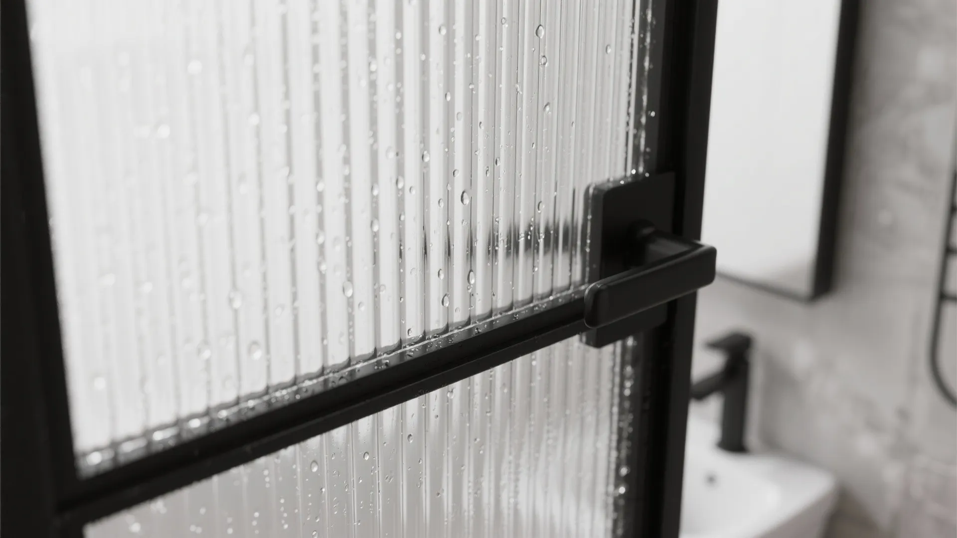 Textured glass door with water drops and black metal handle shown in close up view