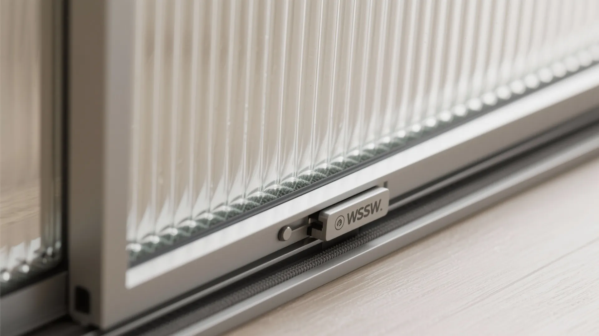 Close up of a sliding door with textured glass panels and a silver metal handle