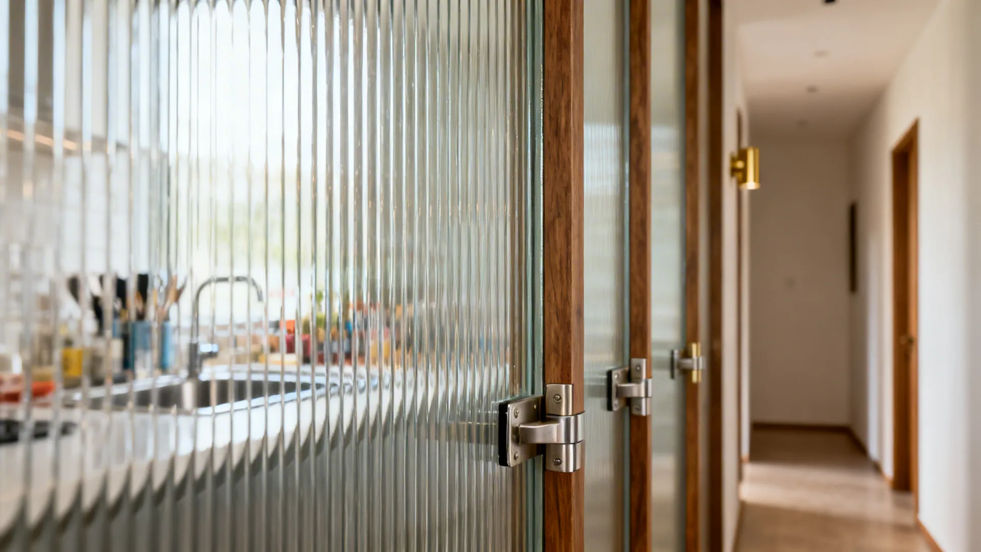 Macro of reeded glass diffusing light and blurring kitchen clutter in a hall partition.