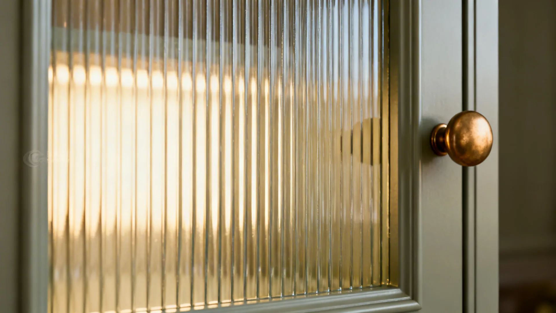 Close-up of reeded glass cabinet door with warm brass hardware and soft glow.