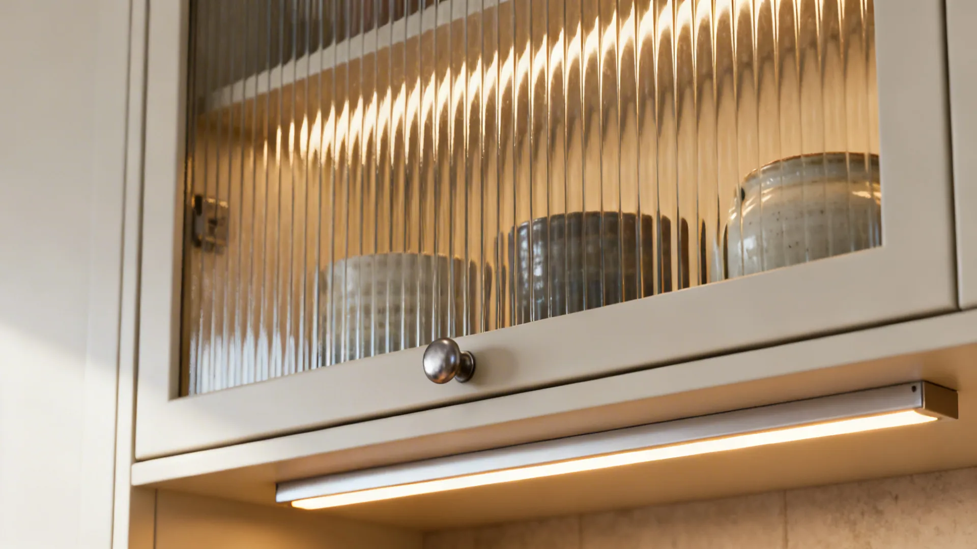 Close-up of reeded glass upper cabinet with warm LED lighting highlighting ceramics.